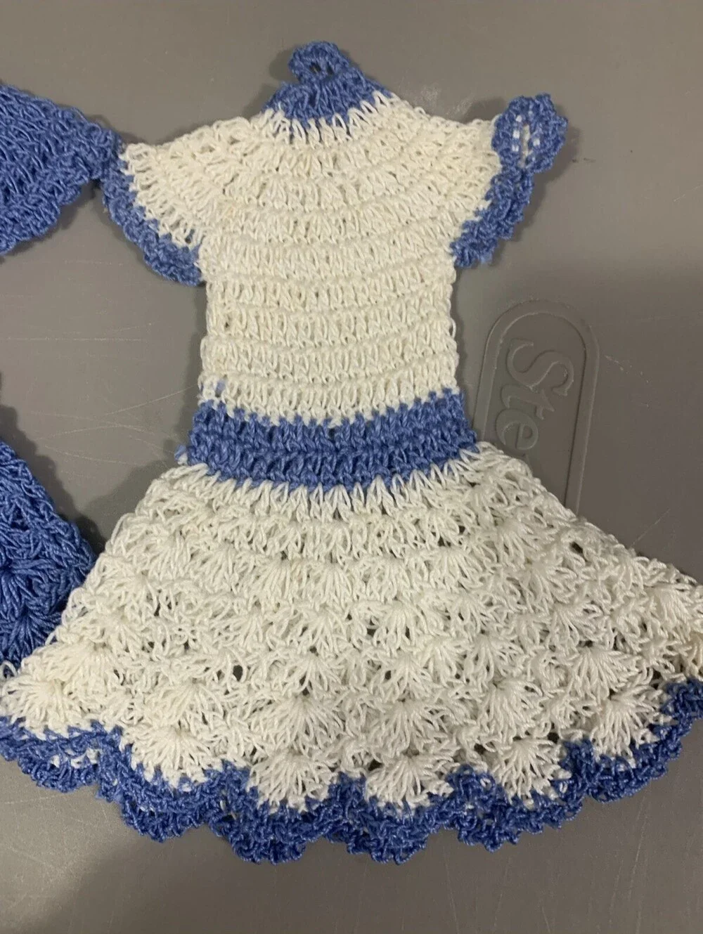Vintage Crochet Dress Potholders Lot of 2 Handmade Blue White Retro Doll Kitchen